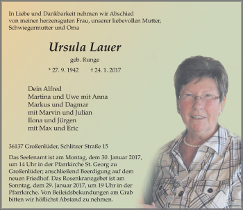 Traueranzeige von Ursula Lauer 