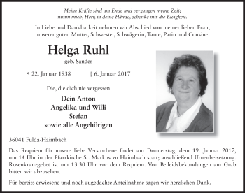 Traueranzeige von Helga Ruhl 