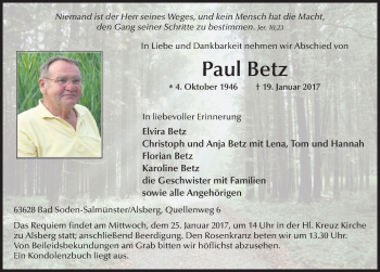 Traueranzeige von Paul Betz 