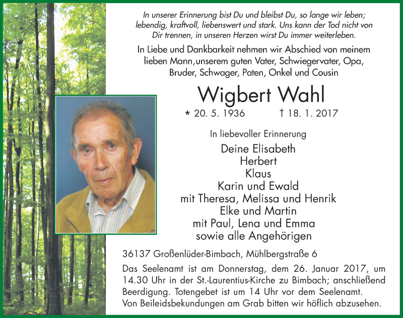  Traueranzeige für Wigbert Wahl vom 23.01.2017 aus 