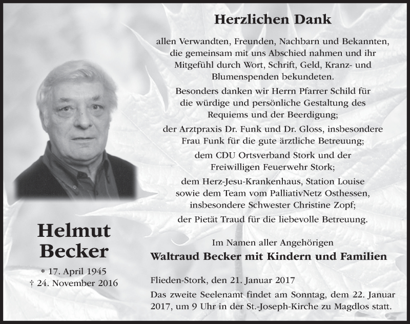  Traueranzeige für Helmut Becker vom 21.01.2017 aus 