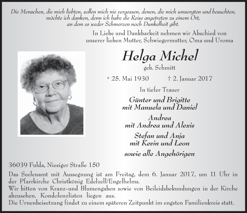  Traueranzeige für Helga Michel vom 05.01.2017 aus 