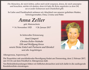 Traueranzeige von Anna Zeller 
