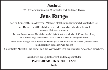 Traueranzeige von Jens Runge 