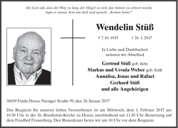 Traueranzeige von Wendelinus Stüß 