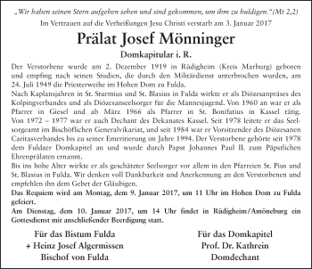 Traueranzeige von Josef Mönninger 