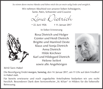 Traueranzeige von Lina Dietrich 