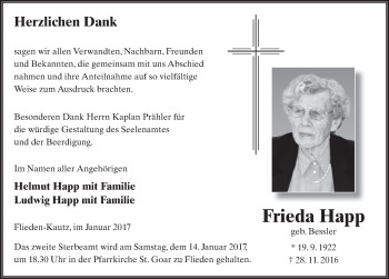 Traueranzeige von Frieda Happ 