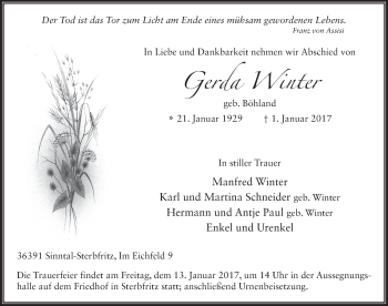 Traueranzeige von Gerda Winter 