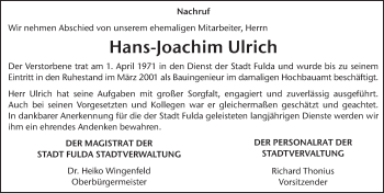 Traueranzeige von Hans-Joachim Ulrich 