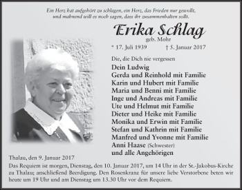 Traueranzeige von Erika Schlag 