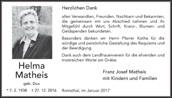 Traueranzeige von Helma Matheis 