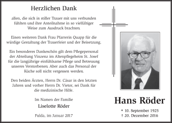 Traueranzeige von Hans Röder 