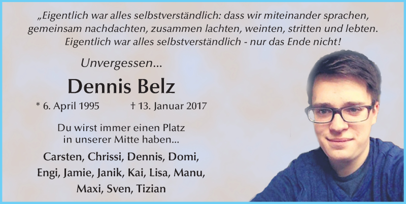  Traueranzeige für Dennis Belz vom 23.01.2017 aus 