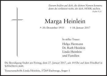 Traueranzeige von Marga Heinlein 