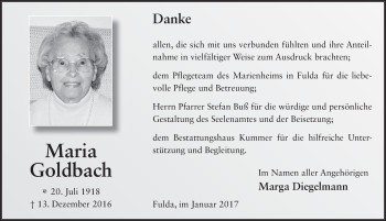 Traueranzeige von Maria Goldbach 