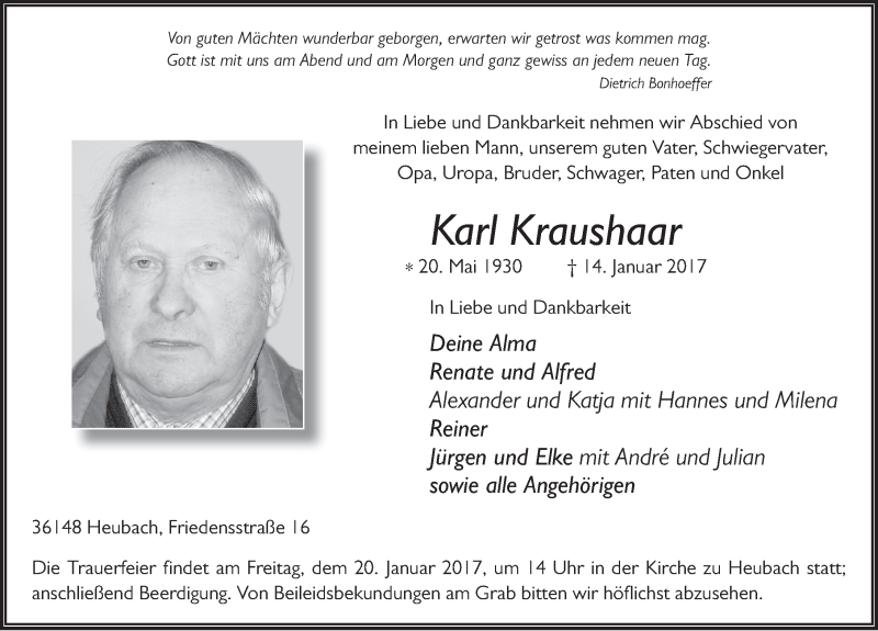  Traueranzeige für Karl Kraushaar vom 18.01.2017 aus 