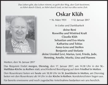 Traueranzeige von Oskar Klüh 