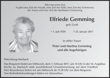 Traueranzeige von Elfriede Gemming 