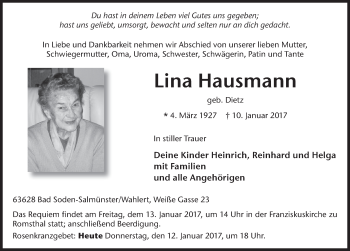 Traueranzeige von Lina Hausmann 