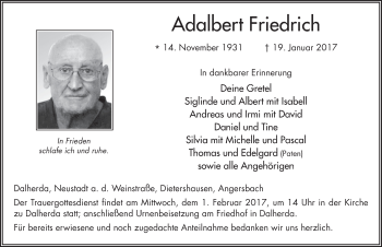 Traueranzeige von Adalbert Friedrich 