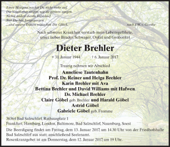 Traueranzeige von Dieter Brehler 
