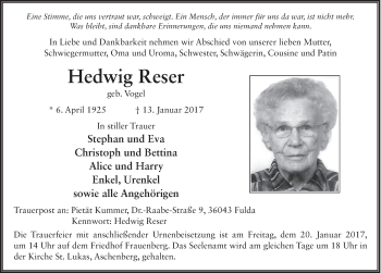 Traueranzeige von Hedwig Reser 