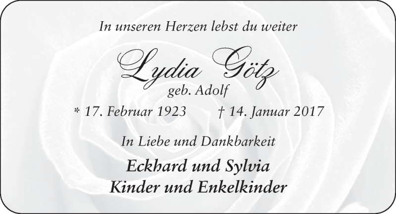  Traueranzeige für Lydia Götz vom 24.01.2017 aus 