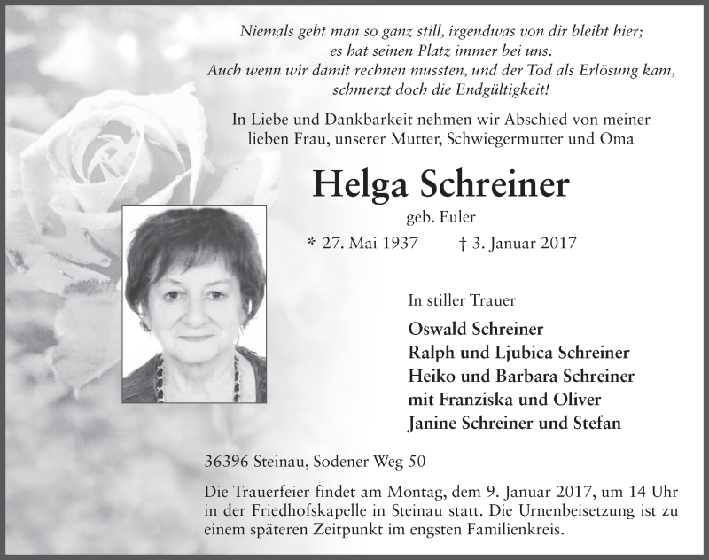  Traueranzeige für Helga Schreiner vom 05.01.2017 aus 