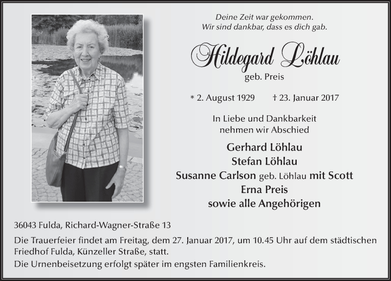  Traueranzeige für Hildegard Löhlau vom 26.01.2017 aus 