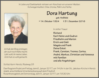 Traueranzeige von Dora Hartung 