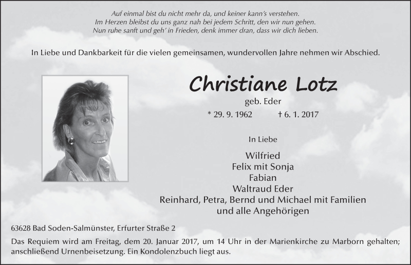  Traueranzeige für Christiane Lotz vom 14.01.2017 aus 