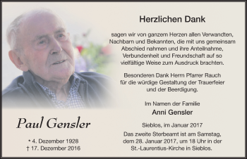 Traueranzeige von Paul Gensler 