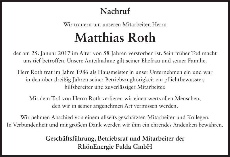  Traueranzeige für Matthias Roth vom 31.01.2017 aus 