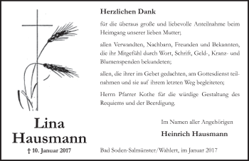 Traueranzeige von Lina Hausmann 