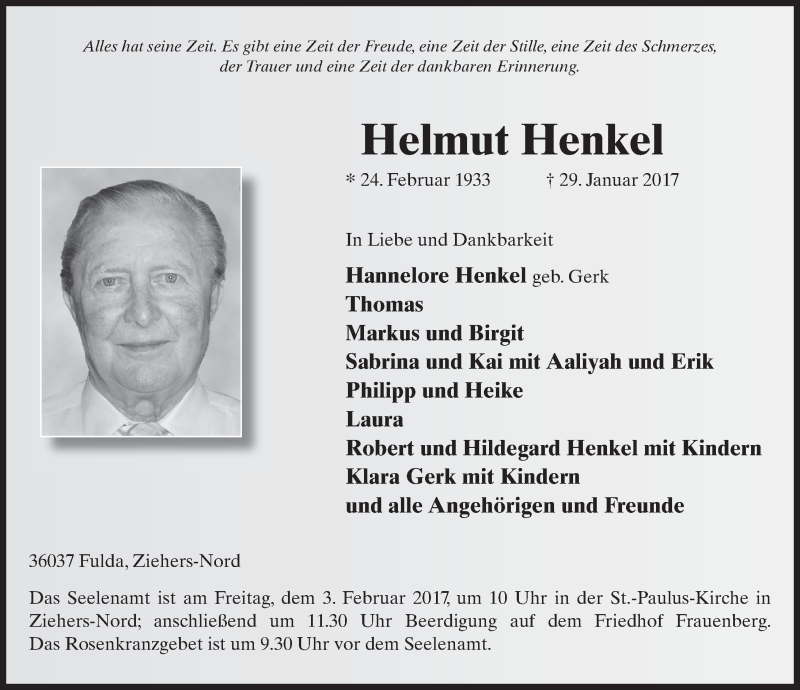  Traueranzeige für Helmut Henkel vom 31.01.2017 aus 