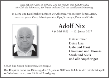 Traueranzeige von Adolf Nix 