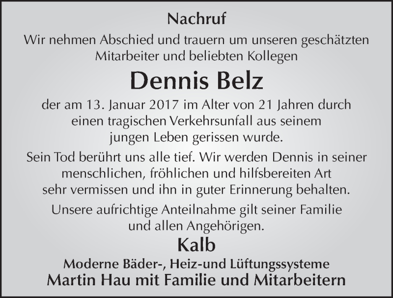  Traueranzeige für Dennis Belz vom 21.01.2017 aus 