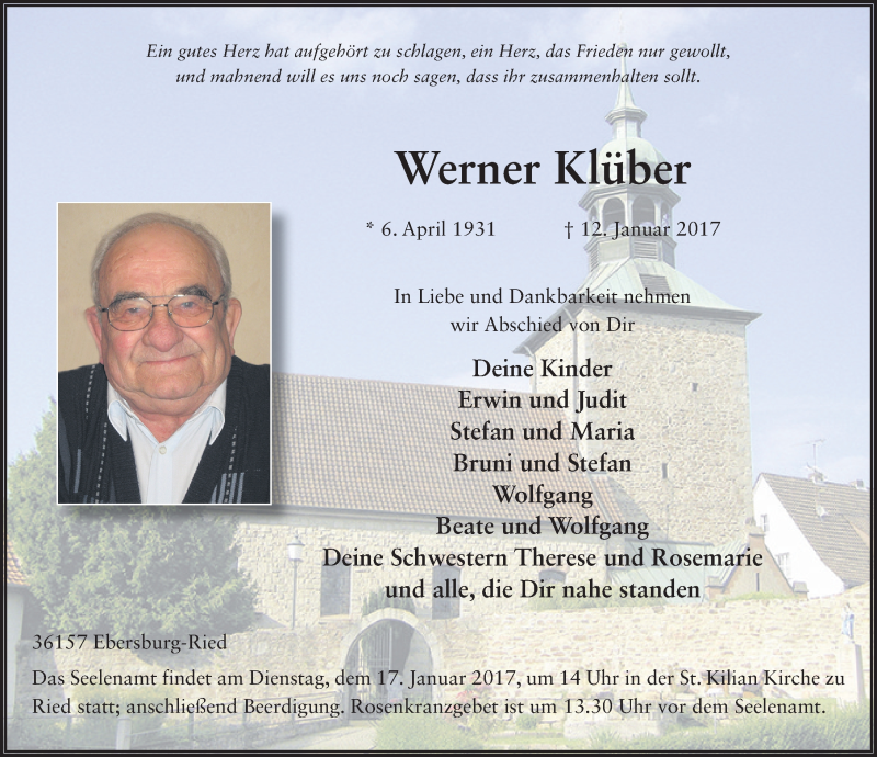  Traueranzeige für Werner Klüber vom 14.01.2017 aus 