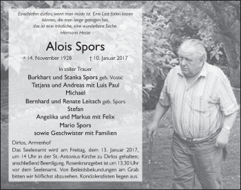 Traueranzeige von Alois Spors 