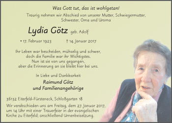 Traueranzeige von Lydia Götz 