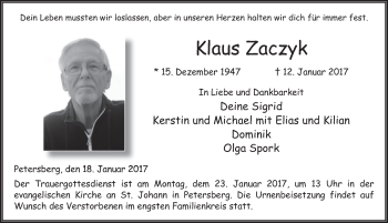 Traueranzeige von Klaus Zaczyk 