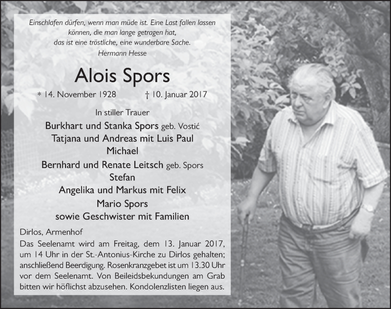  Traueranzeige für Alois Spors vom 12.01.2017 aus 