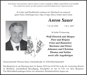 Traueranzeige von Anton Sauer 