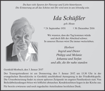Traueranzeige von Ida Schüßler 