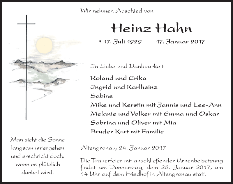  Traueranzeige für Heinz Hahn vom 24.01.2017 aus 