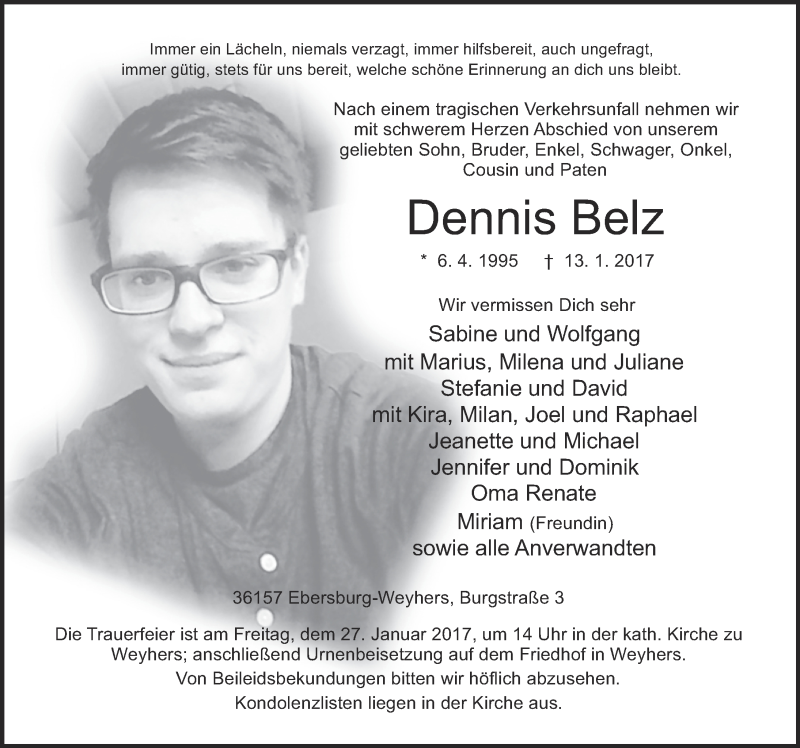  Traueranzeige für Dennis Belz vom 21.01.2017 aus 