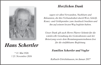 Traueranzeige von Hans Schertler 