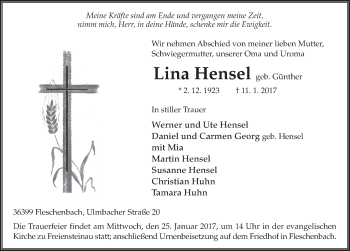 Traueranzeige von Lina Hensel 