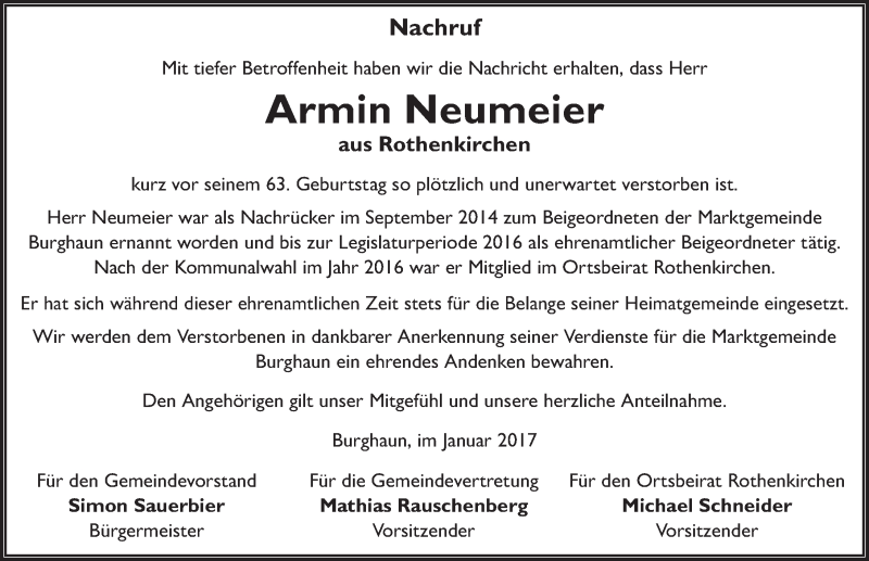  Traueranzeige für Armin Neumeier vom 20.01.2017 aus 